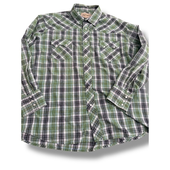 Wrangler Western Snap Shirt Men's Plaid Green Long Sleeve Casual Button‎ Up XXL - Picture 3 of 7